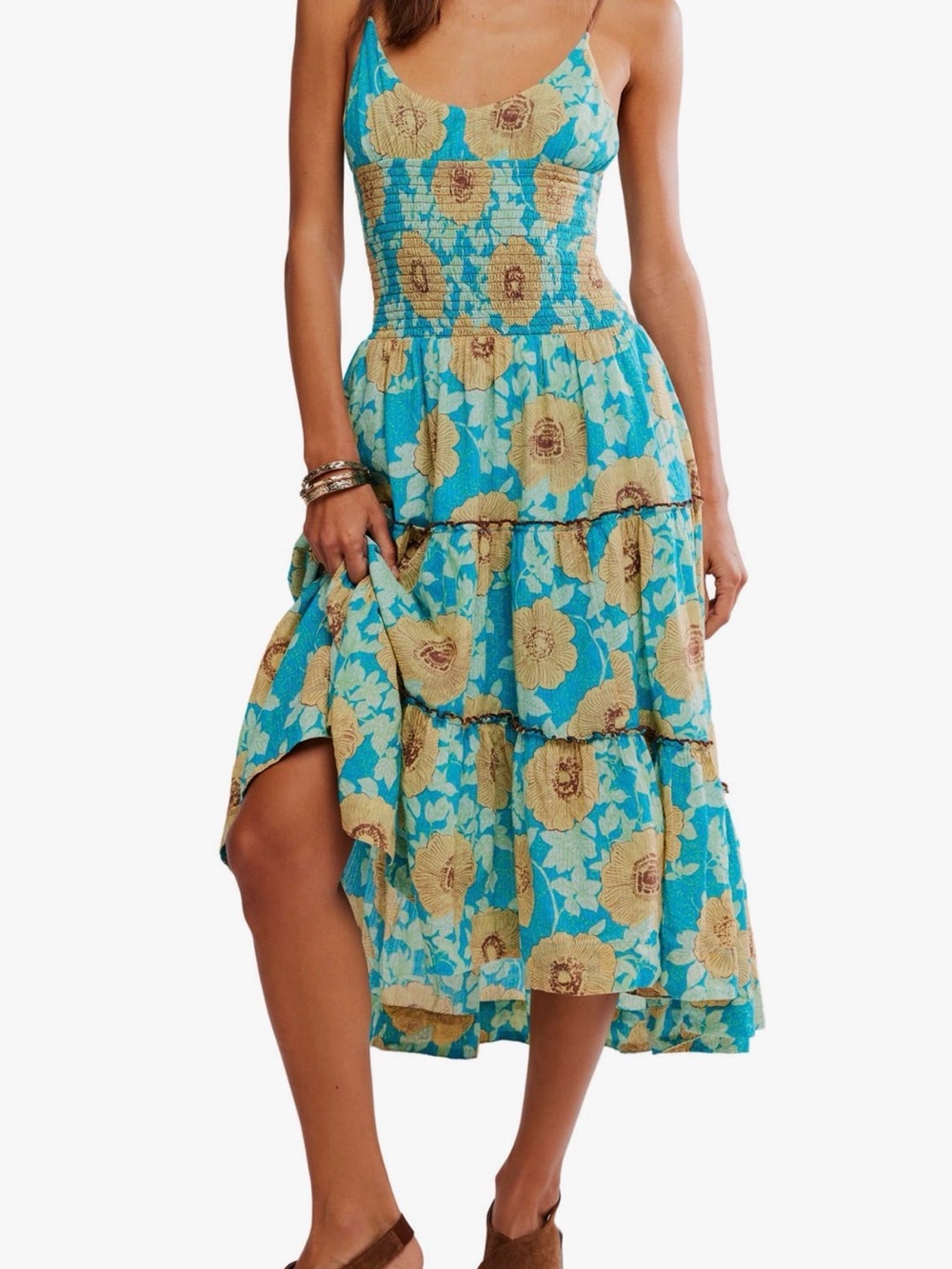 Adriel Tie strap Tiered Maxi Dress in Turquoise and Beige